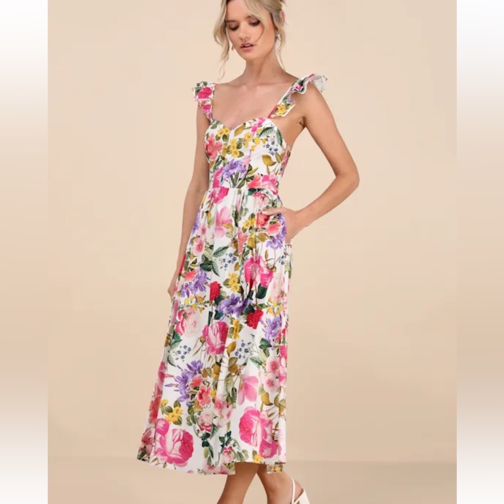 Lulus Melodie White Multi Floral Ruffled Midi Dress - Size S